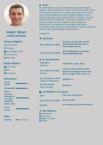 Maden Mühendisi Cv Örnekleri cv indir